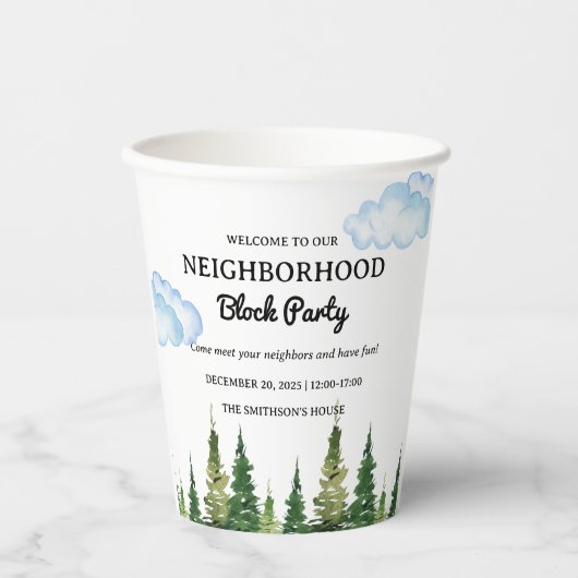 Waterverf Pine Trees Buurt Block Party Papieren Bekers (Voorkant)