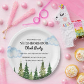Waterverf Pine Trees Buurt Block Party Papieren Bordje (Feest)