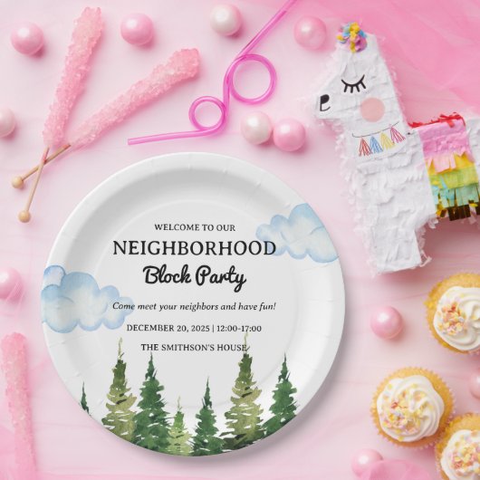 Waterverf Pine Trees Buurt Block Party Papieren Bordje (Feest)
