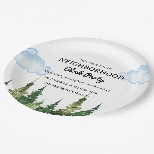 Waterverf Pine Trees Buurt Block Party Papieren Bordje (Gekanteld)