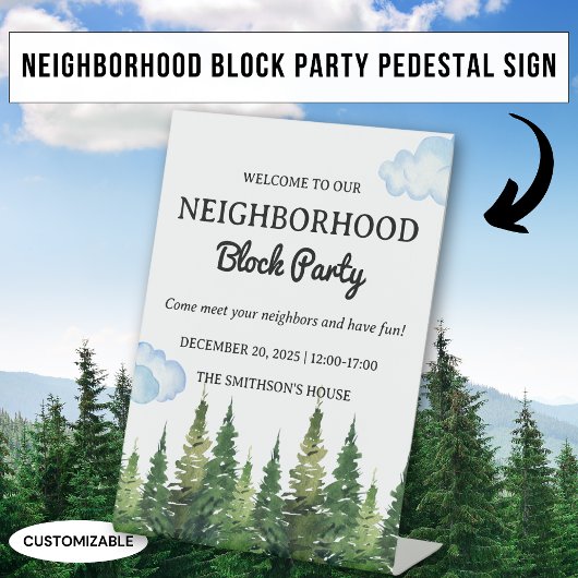 Waterverf Pine Trees Buurt Block Party Reclamebord Met Voetstuk