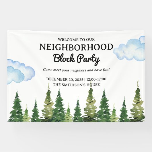 Waterverf Pine Trees Buurt Block Party Spandoek (Horizontaal)