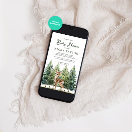 Waterverf Pine Trees Deer Snow Winter Baby shower Kaart