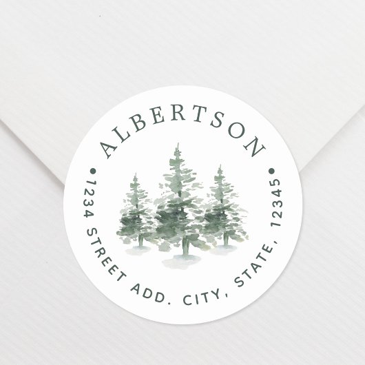 Waterverf Pine Trees Familienaam Return Address Ronde Sticker