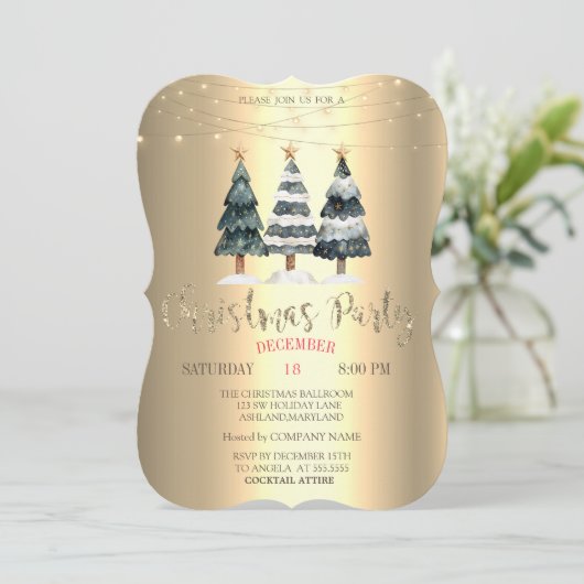 Waterverf Pine Trees Gold Christmas Company Kaart (Staand voorkant)