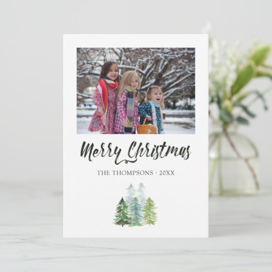Waterverf Pine Trees kerstfoto Kaart (Staand voorkant)