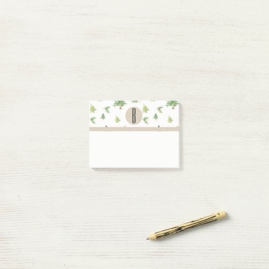 Waterverf Pine Trees Kraft Rustic Monogram Aangepa Post-it® Notes (Op bureau)