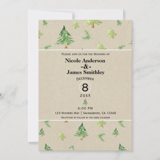 Waterverf Pine Trees Kraft Rustic Winter Wedding Kaart (Voorkant)