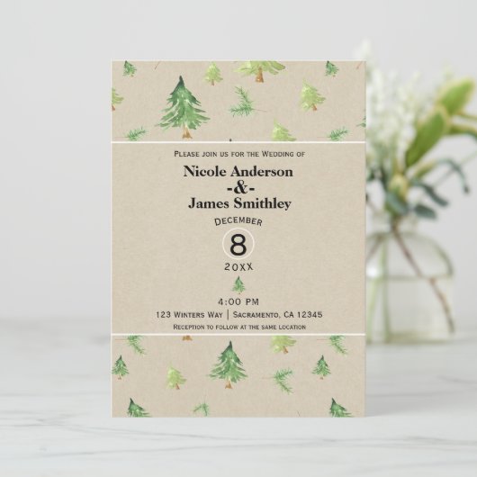 Waterverf Pine Trees Kraft Rustic Winter Wedding Kaart (Staand voorkant)