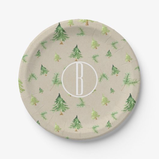 Waterverf Pine Trees Kraft Rustic Winter Wedding Papieren Bordje (Voorkant)