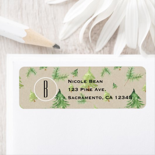 Waterverf Pine Trees Kraft & White Rustic Wedding Etiket (Insitu)