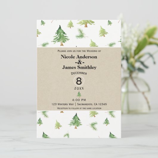 Waterverf Pine Trees Kraft & White Rustic Wedding Kaart (Staand voorkant)