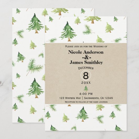 Waterverf Pine Trees Kraft & White Rustic Wedding Kaart (Voorkant / Achterkant)