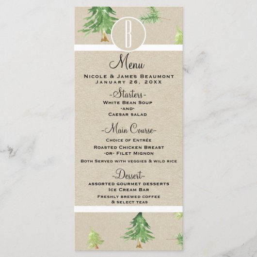 Waterverf Pine Trees Kraft Winter Wedding Menu (Voorkant)