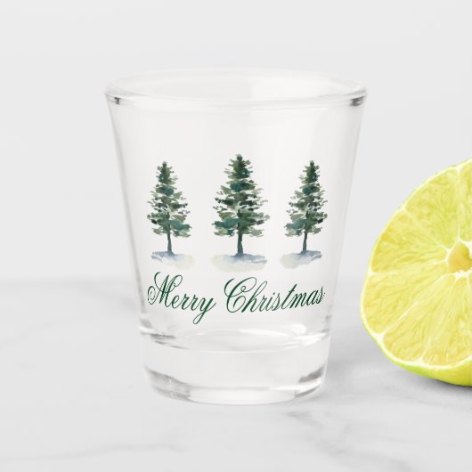 Waterverf Pine Trees Merry Kerstmis Shot Glas (Voorkant)