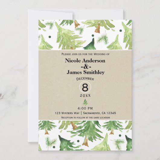 Waterverf Pine Trees Modern Rustic Kraft Wedding Kaart (Voorkant)