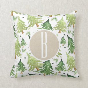 Waterverf Pine Trees Modern Rustic Monogram Kraft Kussen
