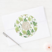 Waterverf Pine Trees Modern Rustic Monogram Kraft Ronde Sticker (Envelop)