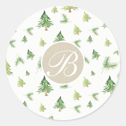Waterverf Pine Trees Monogram Initiaal Party Favor Ronde Sticker (Voorkant)