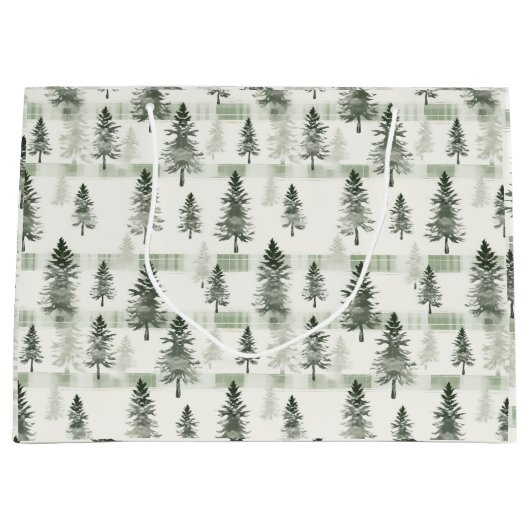 Waterverf Pine Trees Plaid Christmas Gift Bag | S Groot Cadeauzakje (Voorkant)