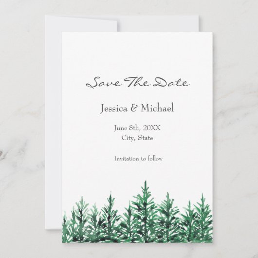 Waterverf Pine Trees Save The Date (Voorkant)
