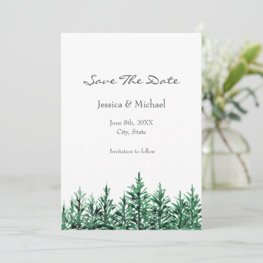 Waterverf Pine Trees Save The Date (Staand voorkant)