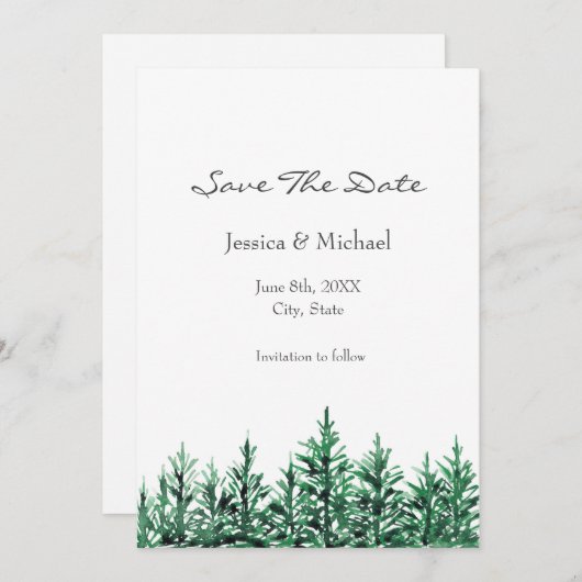 Waterverf Pine Trees Save The Date (Voorkant / Achterkant)