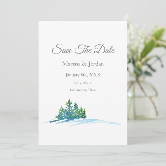 Waterverf Pine Trees Sneeuwkapje Save The Date (Staand voorkant)