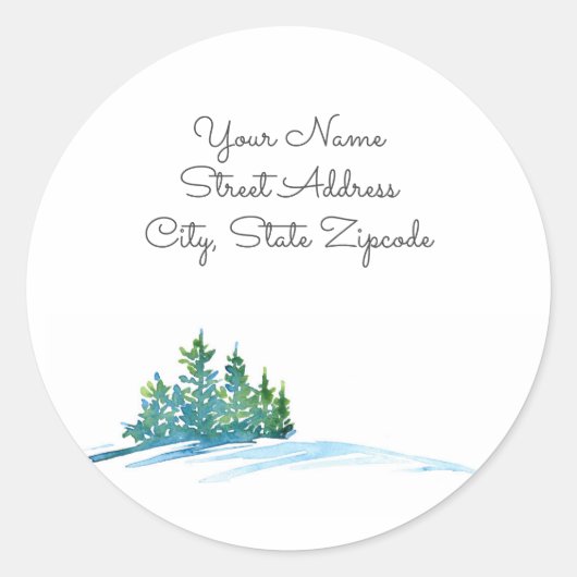 "Waterverf Pine Trees Snowscape" Adresetiketten Ronde Sticker (Voorkant)