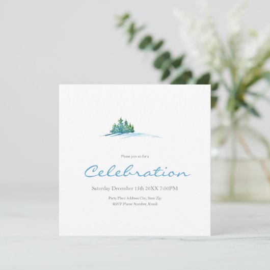 Waterverf Pine Trees Snowscape Invitation Kaart (Staand voorkant)