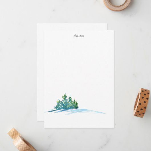 Waterverf Pine Trees Snowscape Notitiekaartje (Voorkant / Achterkant in situ)