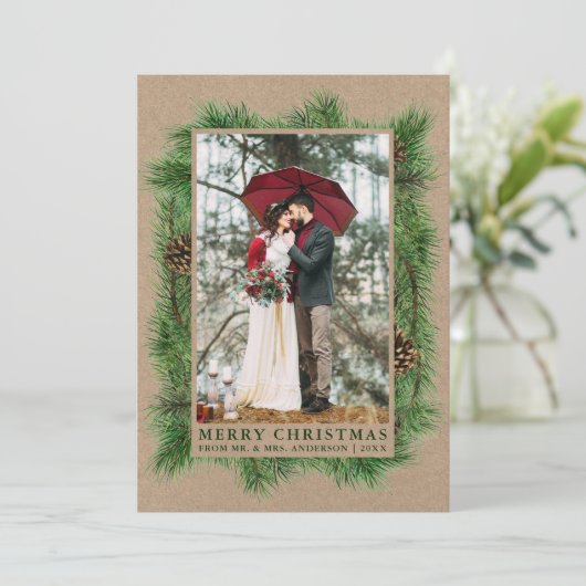 Waterverf Pine Wedding Foto Kraft Green Feestdagenkaart (Staand voorkant)