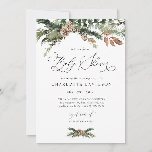 Waterverf Pine Winter Greenery Rustic Baby shower Kaart (Voorkant)