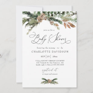 Waterverf Pine Winter Greenery Rustic Baby shower Kaart
