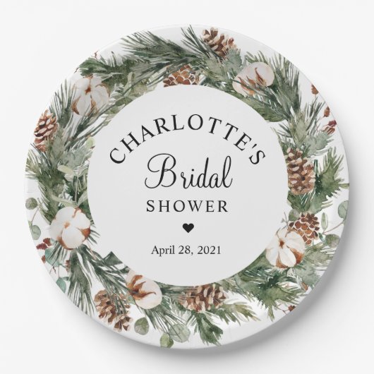 Waterverf Pine & Winter Greenery Vrijgezellenfeest Papieren Bordje (Voorkant)