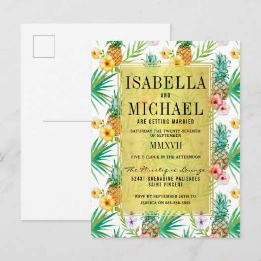 Waterverf Pineappel en Hibiscus Tropical Wedding Uitnodiging Briefkaart (Voorkant / Achterkant)