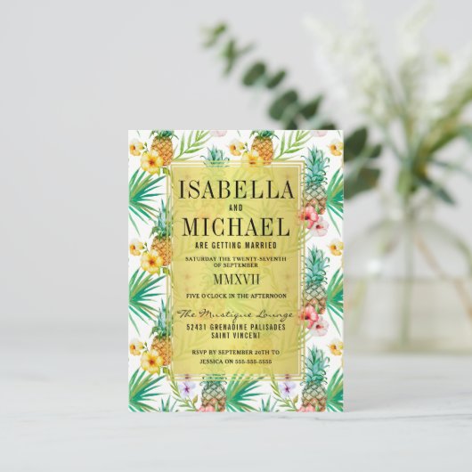 Waterverf Pineappel en Hibiscus Tropical Wedding Uitnodiging Briefkaart (Staand voorkant)