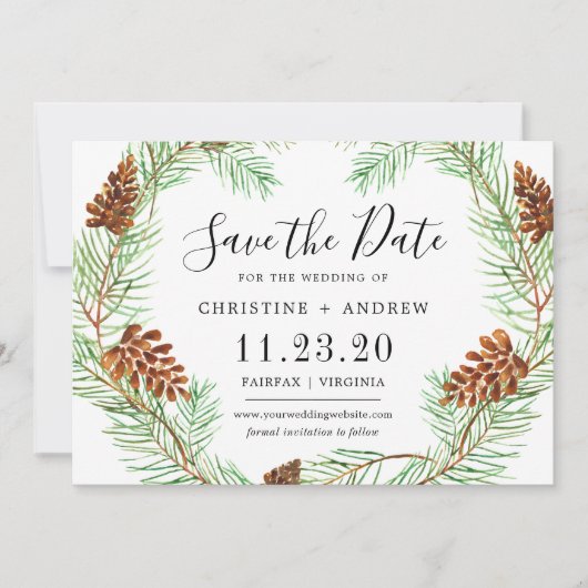 Waterverf Pinecone Elegant Eenvoudige Winter Save The Date (Voorkant)
