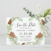 Waterverf Pinecone Elegant Eenvoudige Winter Save The Date (Staand voorkant)