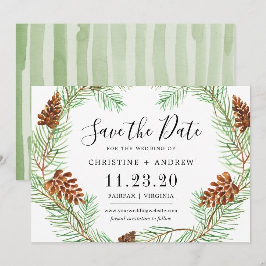 Waterverf Pinecone Elegant Eenvoudige Winter Save The Date (Voorkant / Achterkant)