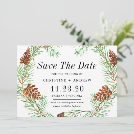 Waterverf Pinecone Elegant Eenvoudige Winter Save The Date (Staand voorkant)