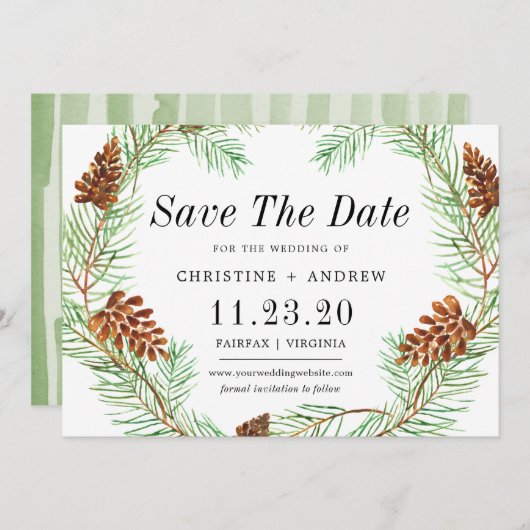 Waterverf Pinecone Elegant Eenvoudige Winter Save The Date (Voorkant / Achterkant)