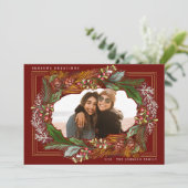 Waterverf Pinecone Red Lijst Holiday Foto Feestdagenkaart (Staand voorkant)