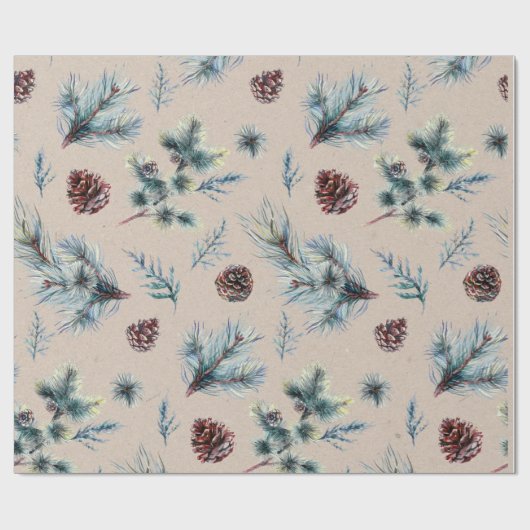 Waterverf Pinecone Sprigs Kraft Kerstmis Cadeaupapier (Vlak)