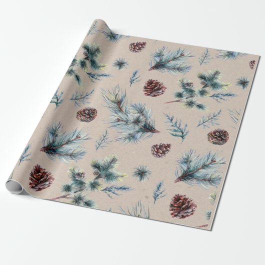 Waterverf Pinecone Sprigs Kraft Kerstmis Cadeaupapier (Uitgerold)