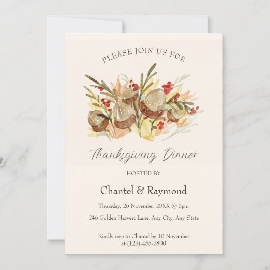 Waterverf Pinecone Thanksgiving Dinner Invitation Kaart (Voorkant)