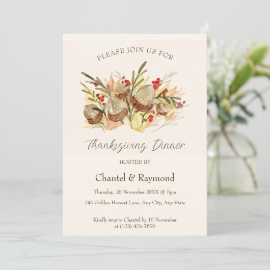Waterverf Pinecone Thanksgiving Dinner Invitation Kaart (Staand voorkant)