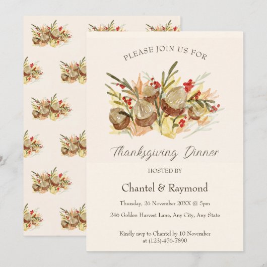 Waterverf Pinecone Thanksgiving Dinner Invitation Kaart (Voorkant / Achterkant)