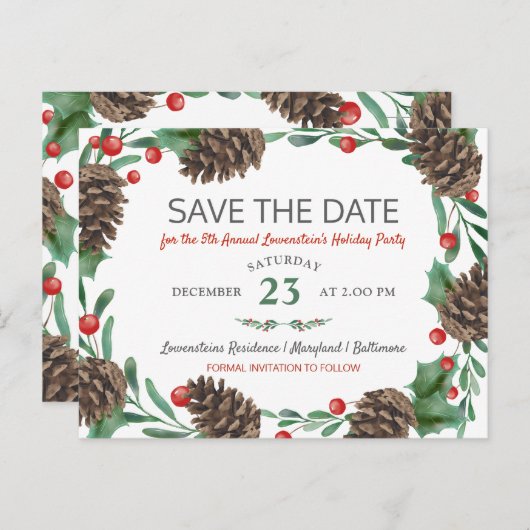 Waterverf Pinecone | Vakantiedag: datum opslaan Aankondigingskaart (Voorkant / Achterkant)