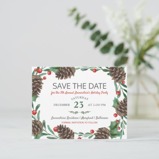 Waterverf Pinecone | Vakantiedag: datum opslaan Aankondigingskaart (Staand voorkant)